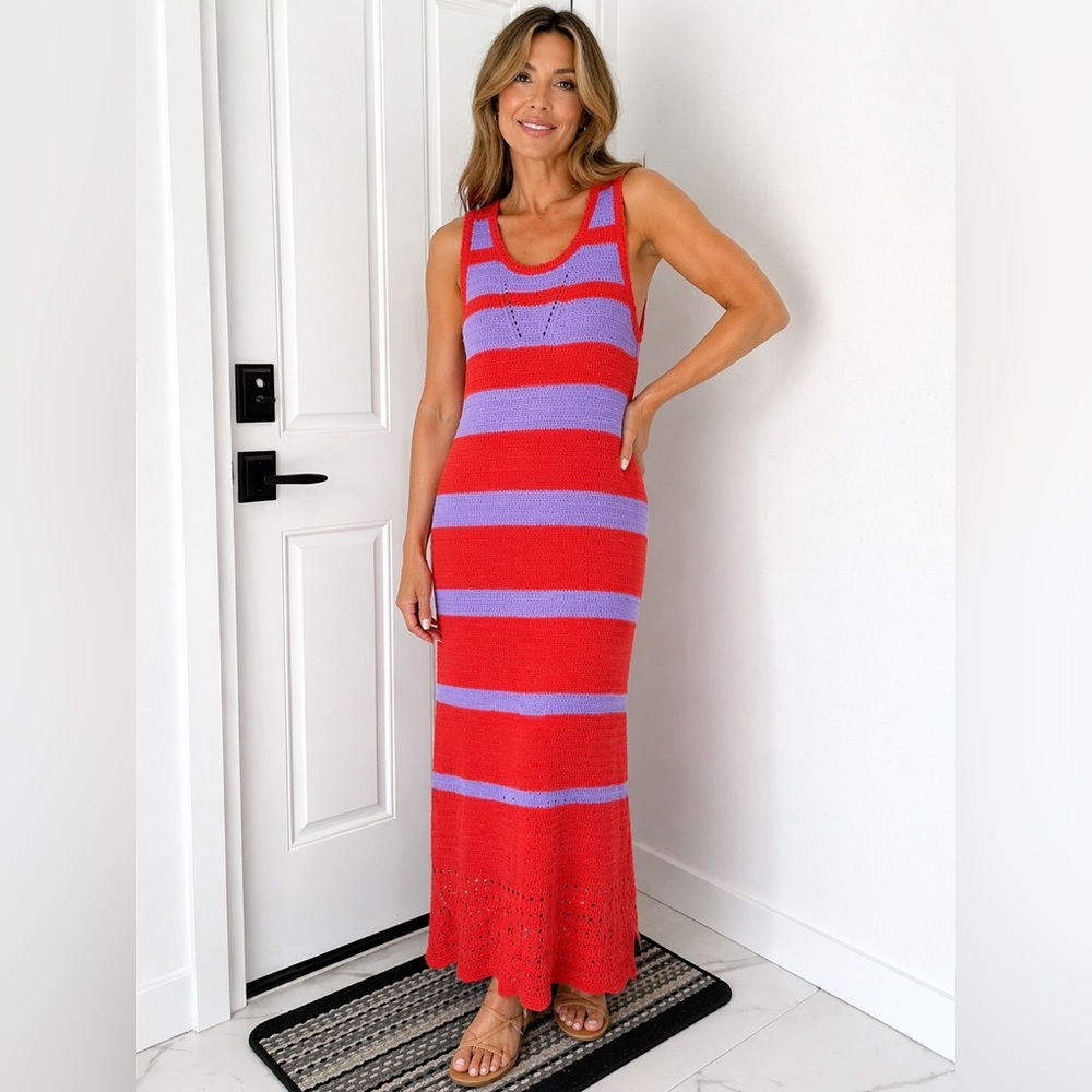 Striped Knit Maxi Dress in Red and Lavender